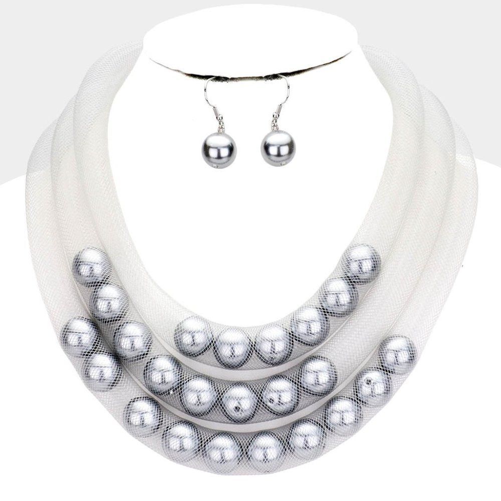 Triple Mesh White Tube Gray Pearl Necklace Set